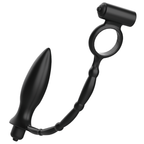 Masseur anal Addicted en silicone noir, plug effile relie a un anneau penien par une chainette a billes avec bullet vibrant, vue d'ensemble.