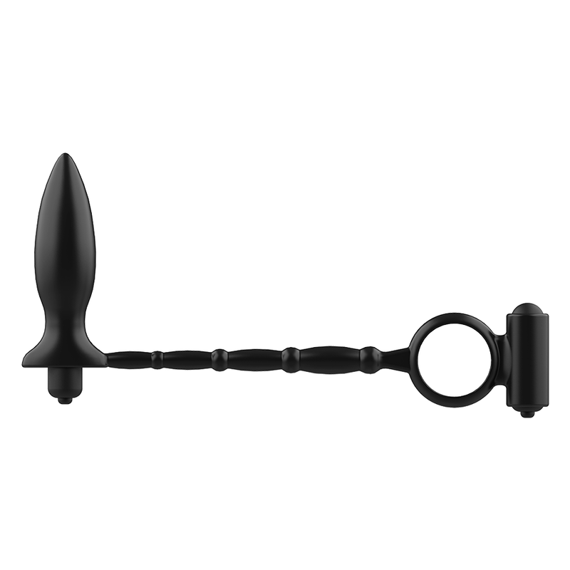 Plug anal silicone noir Addicted relie a un cockring par une tige a billes avec bullet vibrant, vue de trois quarts du combo masculin a vibration.