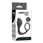 Boite Addicted Toys Anal Plug and Cock Ring presentant le plug prostate silicone noir a anneau, packaging blanc epure du combo masculin deux-en-un.