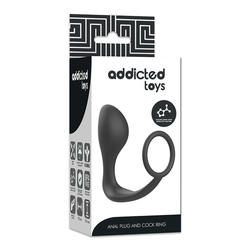 Boite Addicted Toys Anal Plug and Cock Ring presentant le plug prostate silicone noir a anneau, packaging blanc epure du combo masculin deux-en-un.
