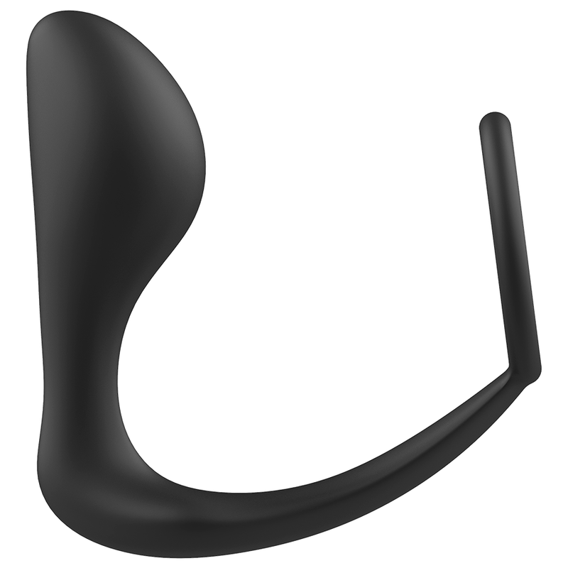 Plug anal silicone noir Addicted a tige incurvee et fin anneau penien, vue de profil du combo deux-en-un souple pour la stimulation prostatique.