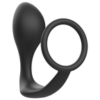 Plug anal silicone noir Addicted a tete bombee et tige courbe avec anneau penien, vue de trois quarts du combo deux-en-un pour la prostate.