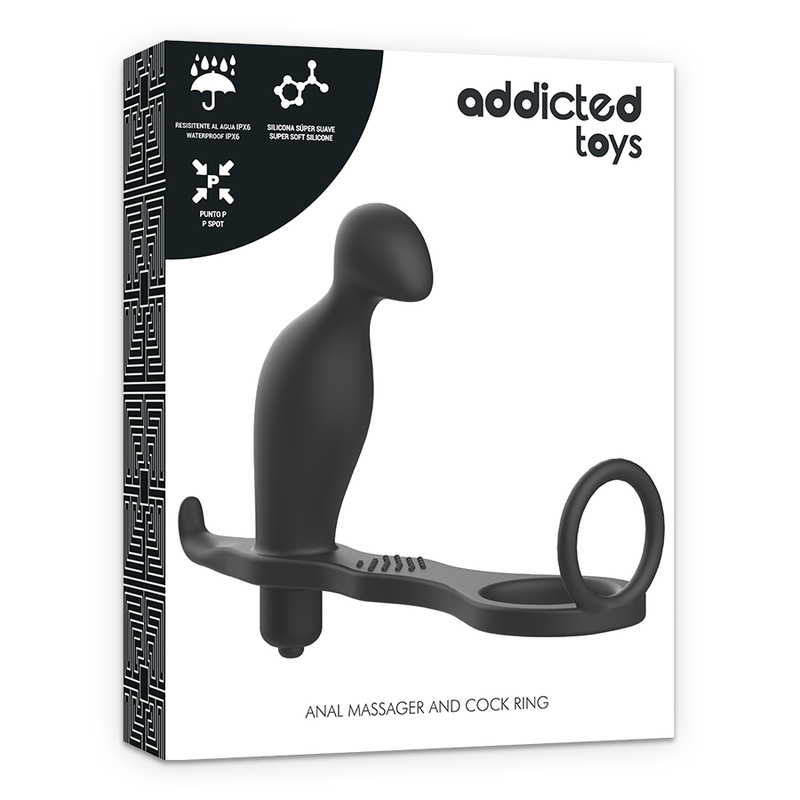 Boite Addicted Toys Anal Massager and Cock Ring presentant le masseur prostate silicone noir a sangle et bullet, packaging blanc du combo masculin.