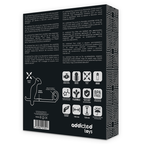 Dos de la boite Addicted Toys du masseur prostatique a anneau, schema technique et pictogrammes pile AAA, emballage noir discret du combo silicone.