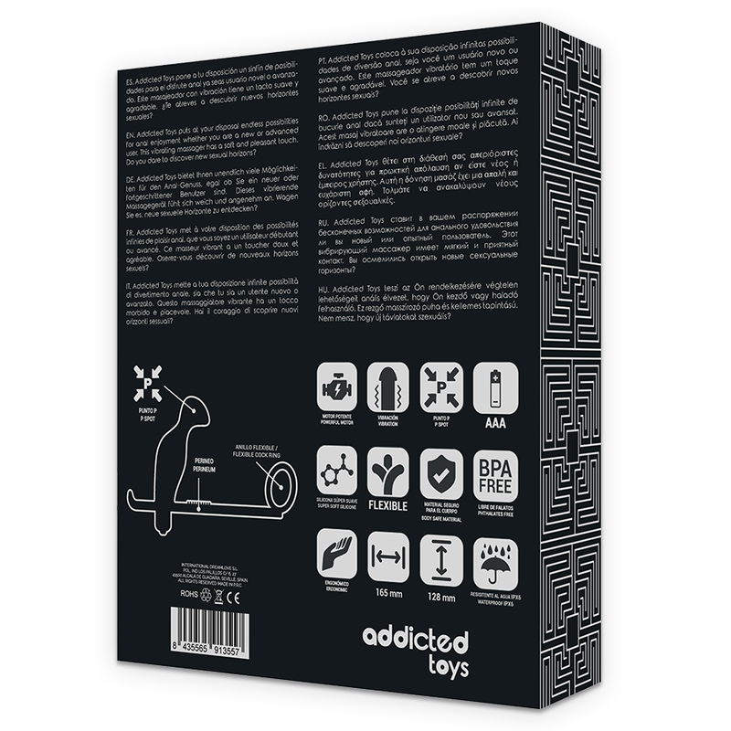 Dos de la boite Addicted Toys du masseur prostatique a anneau, schema technique et pictogrammes pile AAA, emballage noir discret du combo silicone.