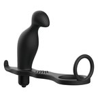 Masseur de prostate vibrant Addicted en silicone noir avec bullet a la base, sangle et anneau penien, vue de trois quarts du combo masculin.