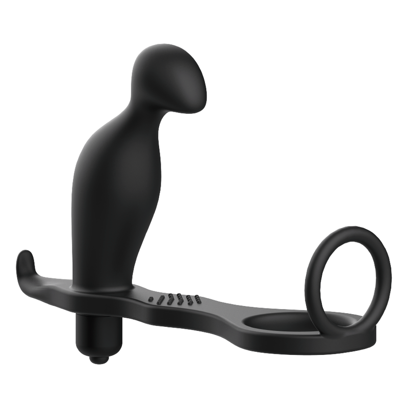 Masseur de prostate vibrant Addicted en silicone noir avec bullet a la base, sangle et anneau penien, vue de trois quarts du combo masculin.