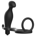 Masseur prostatique vibrant Addicted en silicone noir avec bullet et anneau penien a sangle perineale, vue de face du combo masculin a vibration.