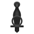 Masseur prostatique Addicted en silicone noir a tete arrondie et bullet vibrant sous l'anneau, vue frontale du combo a sangle pour le perinee.