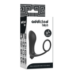 Boite Addicted Toys Anal Massager and Cock Ring presentant le masseur prostate silicone noir a anneau, packaging blanc du combo vibrant masculin.