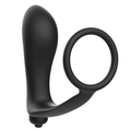 Masseur prostatique vibrant Addicted en silicone noir a tete incurvee, sangle perineale, anneau penien et bullet, vue de face du combo masculin.