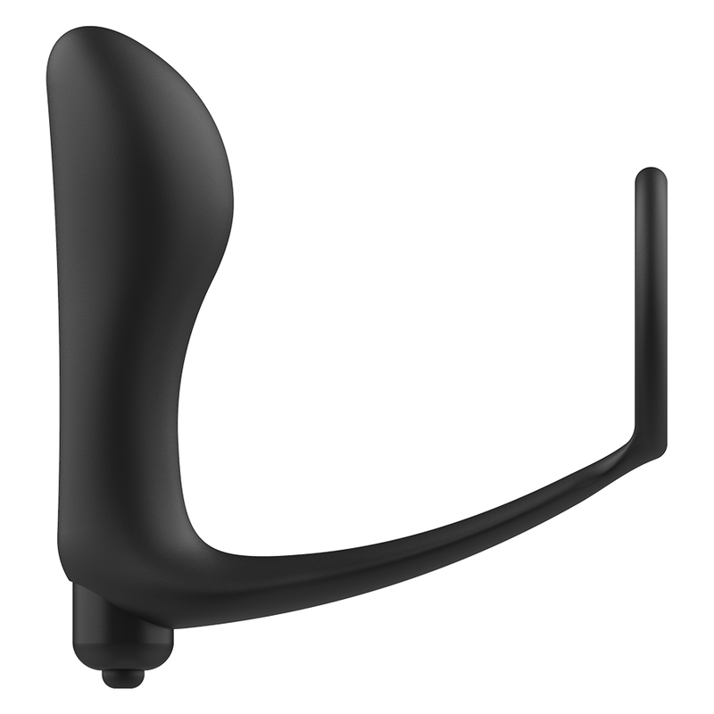 Masseur prostatique silicone noir Addicted a tige bombee incurvee avec fin anneau penien, vue de profil du combo souple pour le point P.