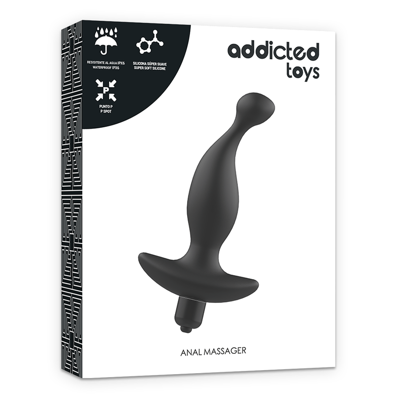 Boite Addicted Toys Anal Massager presentant le masseur prostate silicone noir incurve a bullet, packaging blanc du stimulateur du point P.
