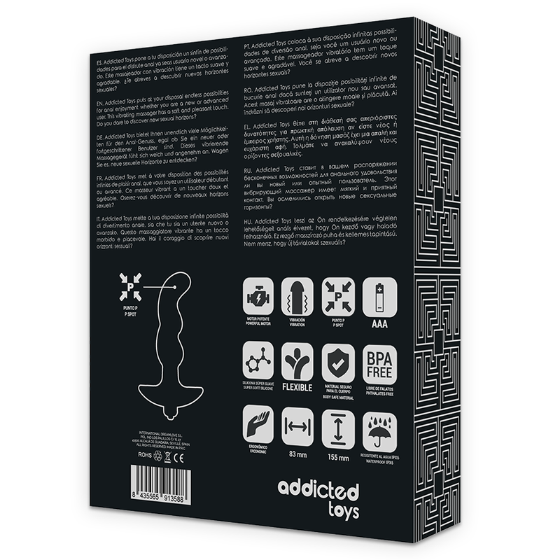 Dos de la boite Addicted Toys du masseur prostatique a billes, schema technique et pictogrammes, emballage noir discret du stimulateur silicone.