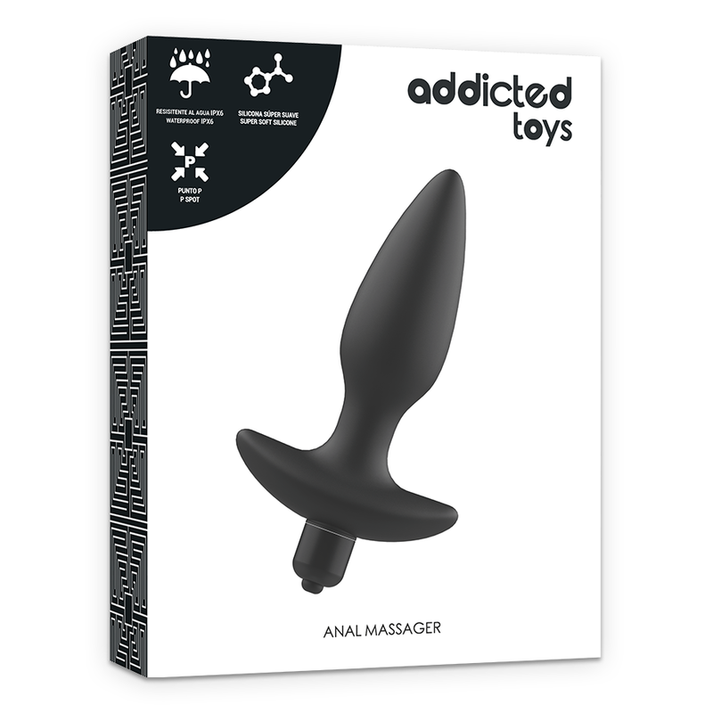 Boite face du masseur prostatique vibrant Addicted, plug noir en TPR souple illustre sur l'emballage avec logo addicted toys et pictogrammes pile AAA et flexible.