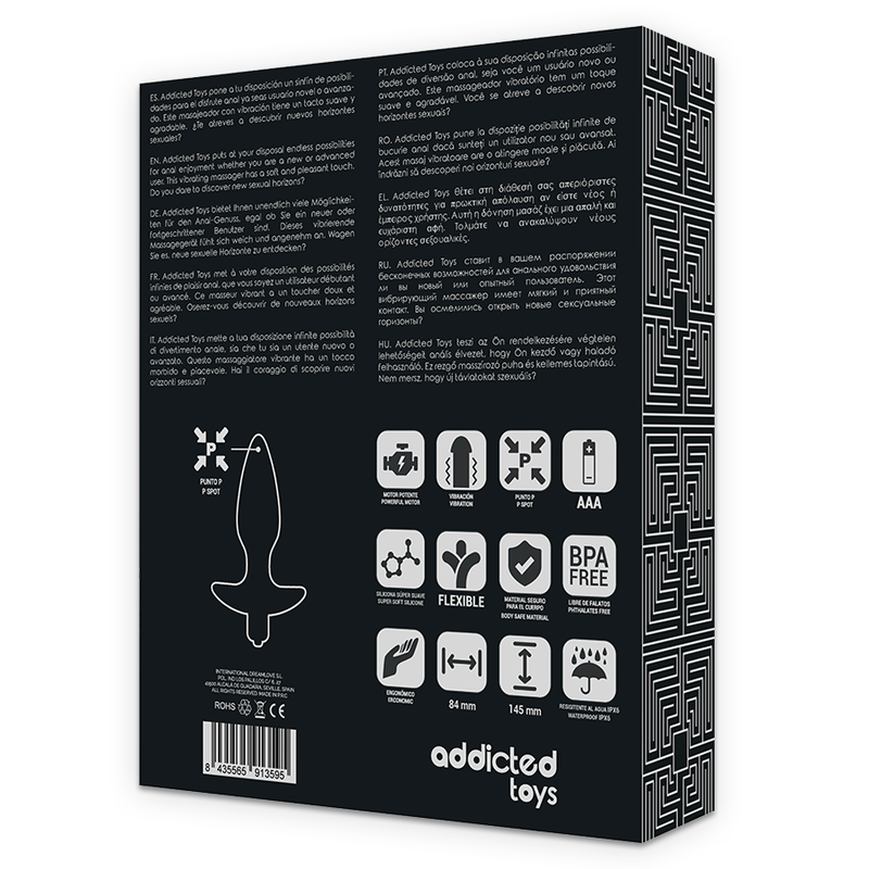 Dos de la boite du masseur de prostate vibrant Addicted, schema de profil du stimulateur en TPR, pictogrammes BPA free, flexible et dimensions 14 cm pour ce jouet anal masculin.