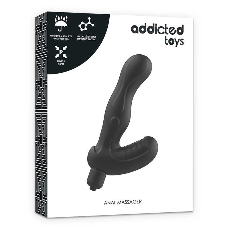 Boite blanche Addicted du masseur anal vibrant avec le stimulateur prostatique noir illustre, tige courbee en TPR souple, bille vibrante et appui perineal, mention anal massager.