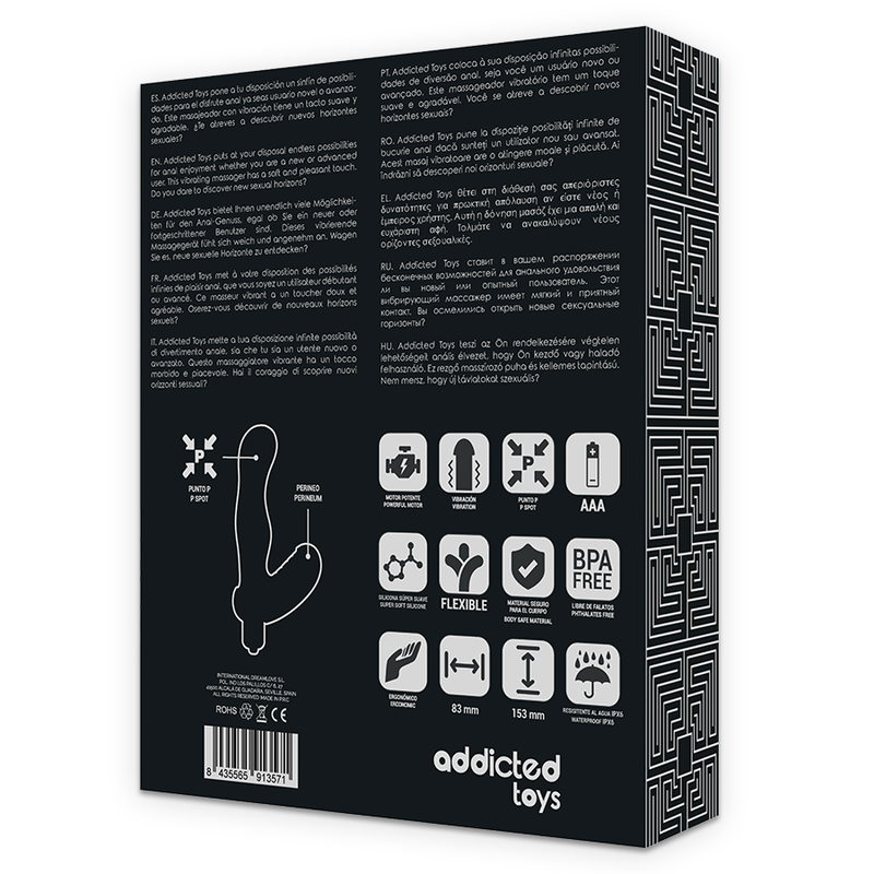 Dos de boite Addicted du masseur prostatique vibrant, schema de profil du jouet anal en TPR, pictogrammes BPA free, flexible, pile AAA et dimensions pour la stimulation du point P.