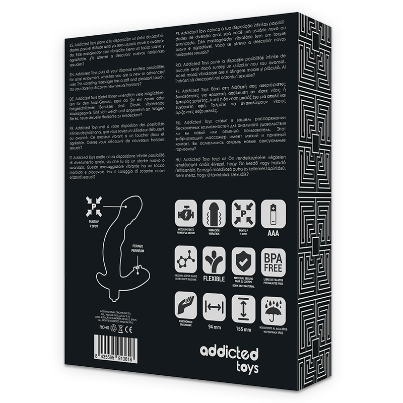 Dos de boite Addicted du stimulateur prostatique vibrant, schema de profil du jouet en silicone, pictogrammes BPA free, flexible et dimensions 150 mm pour le point P.