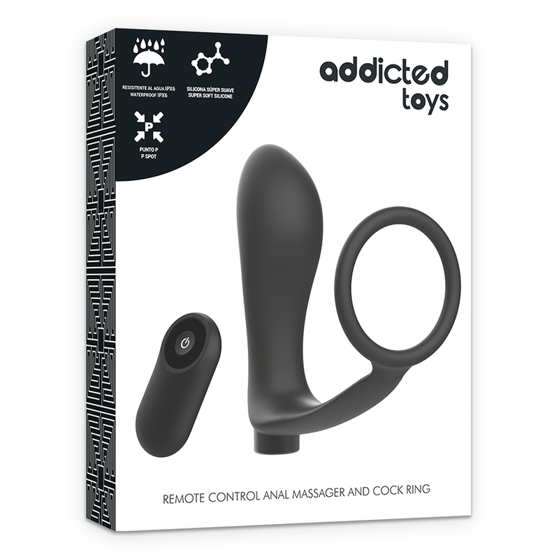 Boite blanche Addicted du combo anneau penis et plug anal vibrant en silicone, ensemble illustre avec sa telecommande, mention remote control anal massager and cock ring.