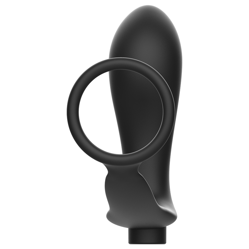 Anneau penien et plug anal vibrant noir Addicted vus de face, large anneau cockring et tige courbee lisse en silicone medical souple, base vibrante pour une stimulation prolongee.