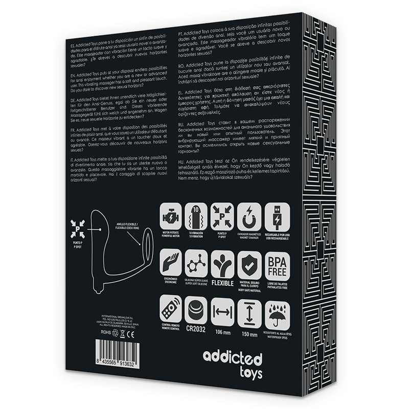 Dos de boite Addicted du combo plug anal et anneau penien, schema technique du jouet en silicone, pictogrammes BPA free, flexible et dimensions 106 mm, telecommande sans fil.