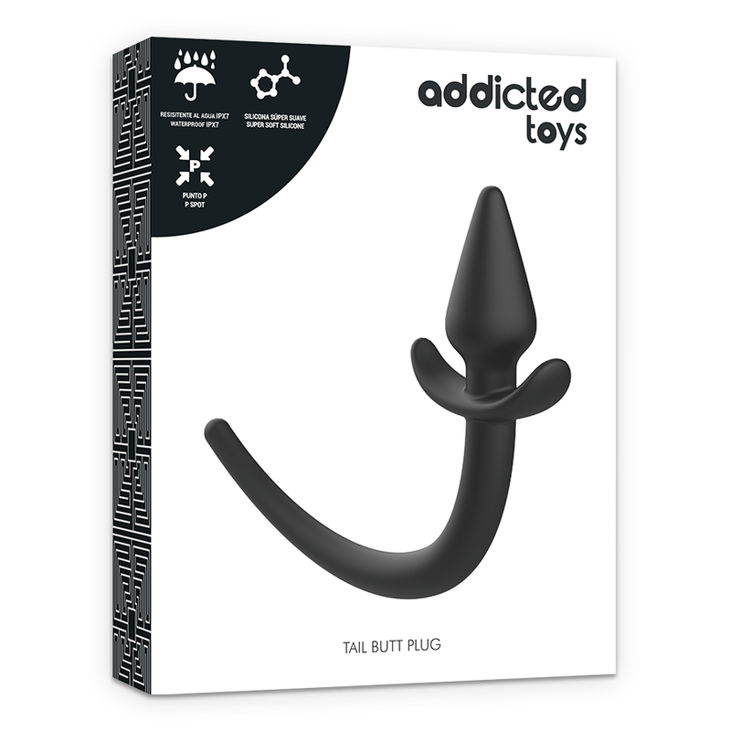 Boite blanche Addicted du plug anal Puppy a queue, plug conique noir en silicone illustre sur l'emballage avec logo addicted toys et mention tail butt plug, jeu de role anal.