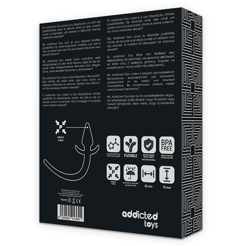 Dos de boite Addicted du plug anal Puppy, schema du plug a queue en silicone, pictogrammes BPA free, flexible et dimensions 36 et 78 mm pour ce jouet anal ludique noir.