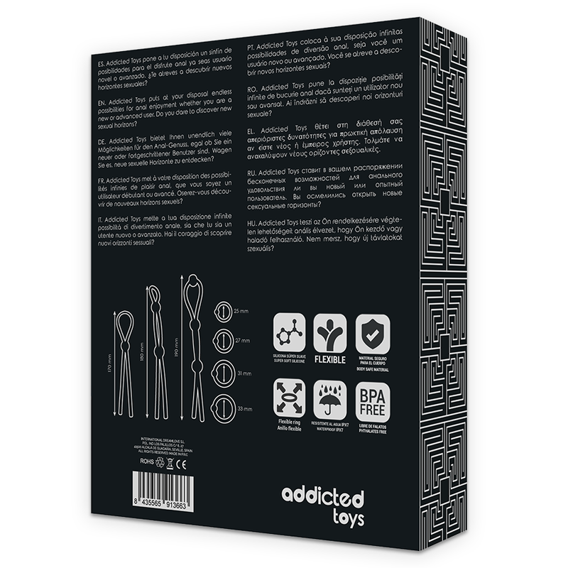 Dos de boite Addicted du set d'anneaux peniens, schema des lassos et anneaux en silicone, pictogrammes BPA free, flexible et dimensions pour ce kit cockring 7 pieces noir.