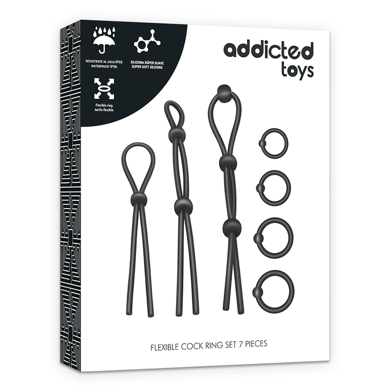 Boite blanche Addicted du set d'anneaux peniens 7 pieces, lassos reglables et anneaux cockring noirs illustres, mention flexible cock ring set pour varier le maintien de l'erection.