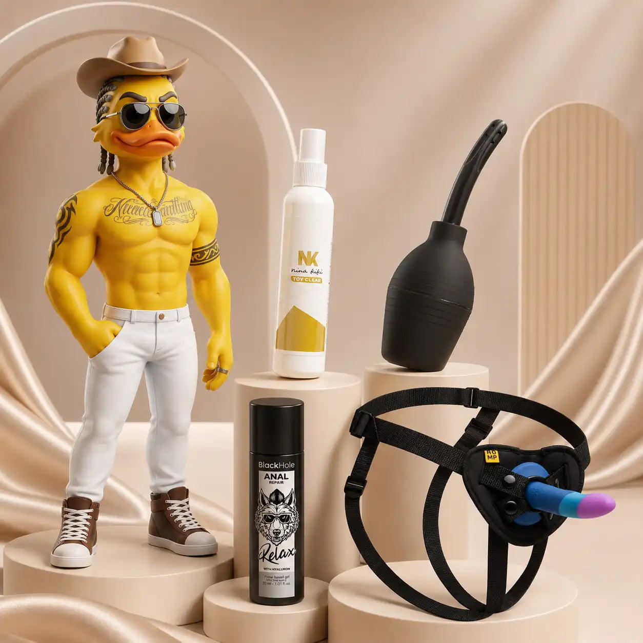 Kit Mon 1er Pegging avec harnais et gode silicone, lubrifiant anal, douche intime et nettoyant sextoy