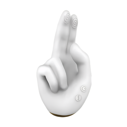 Vibromasseur Jimmy Intense en silicone blanc en forme de main aux deux doigts vibrants croises, embouts spirales, boutons de commande, sextoy clitoridien stylise